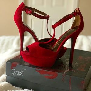 Carlos Suede T-Strap Peep Toe Heels